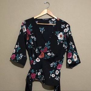 Self belted floral wrap blouse